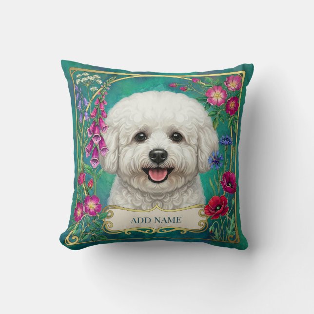 Almofada Floral Teal Personalizada Bichon Frise (Frente)
