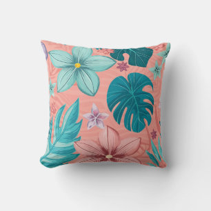 Almofada Floral Tropical com Folhas e Flores de Pastel