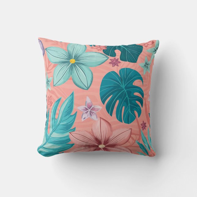 Almofada Floral Tropical com Folhas e Flores de Pastel (Frente)