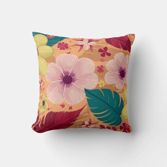 Almofada Floral tropical quente com folhas vermelhas e verd (Frente)