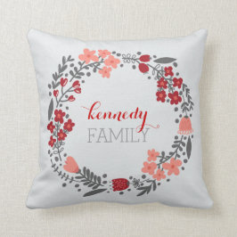 Almofada Floral Wreath Personalizada Monograma Cinza Vermel