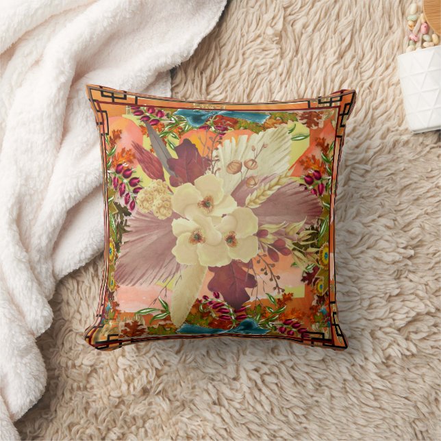 Almofada Florals Orange Teal, Amarelo com Quadro (Cobertor)