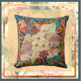 Almofada Florals Orange Teal, Creme com Frame Travesseiro d