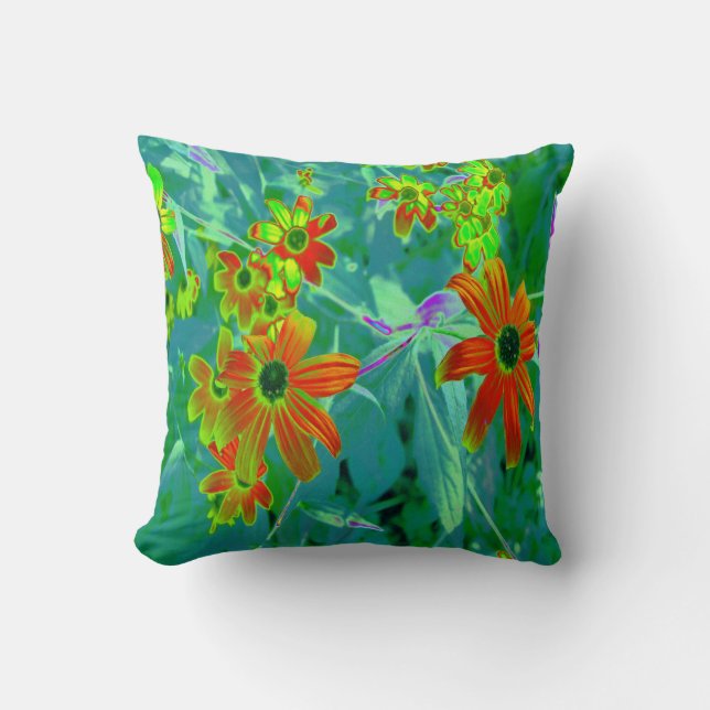 Almofada Flores Amarelas e Vermelhas Trippy no Azul Retroat (Frente)