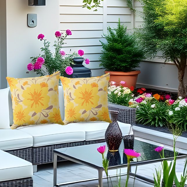 Almofada Flores Amarelas-Florais Retrovisoras (Retro Sunshine Florals-Yellow Flowers Outdoor Pillow)