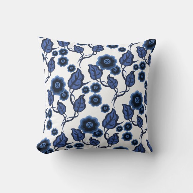 Almofada Flores azuis, folhas azuis, Folk art floral (Frente)