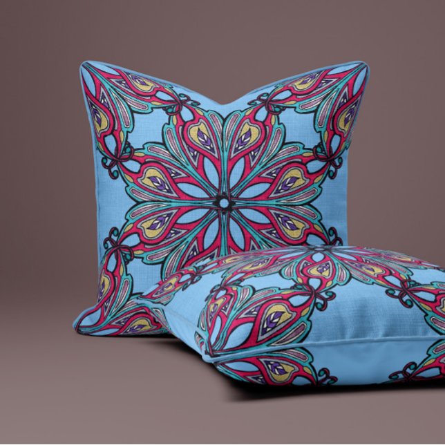 Almofada Flores Boho em Azul Céu (Criador carregado)