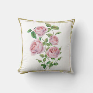 Almofada Flores Botânicas Vintage Rosa Folhas Verdes Dourad