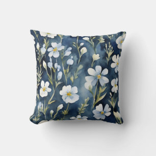 Almofada Flores brancas azuis Aquarela Chic