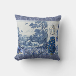 Almofada Flores brancas azuis de madeira em colagem de aves