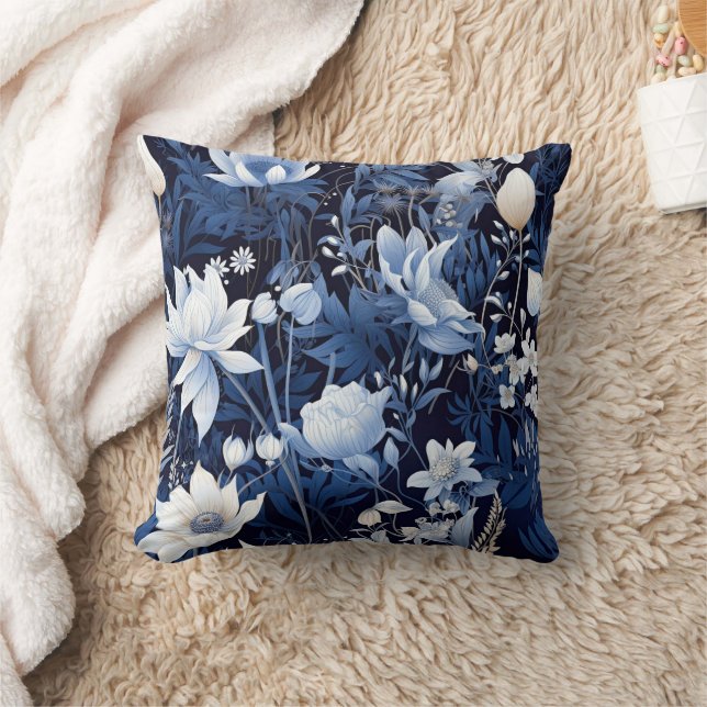 Almofada Flores Brancas Azuis Empoeiradas da Marinha de Inv (Cobertor)