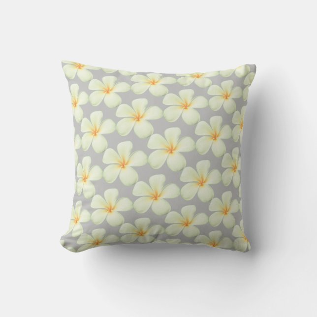 Almofada Flores Brancas de Frangipani Plumeria em Cinza Pra (Frente)