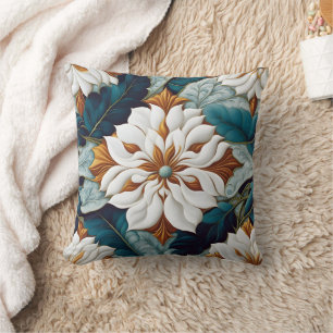 Almofada Flores Brancas Elegantes com Folhas de Teal em San
