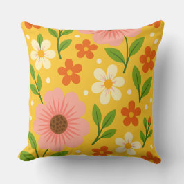 Almofada Flores Cor-de-Rosa, Creme e Laranja com Folhas Ver