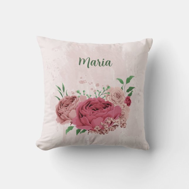 Almofada flores cor-de-rosa folhas verdes  (Frente)