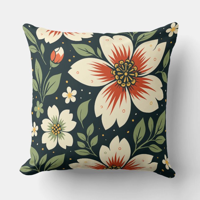 Almofada Flores Creme com Centros Vermelhos e Folhas Verdes (Frente)