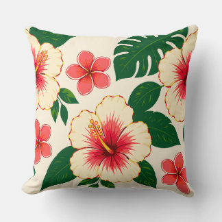 Almofada Flores Creme e Coral Rosa com Folhas Verdes