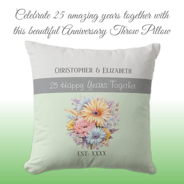 Almofada flores de aniversário de prata de 25 anos verdes (Criador carregado)