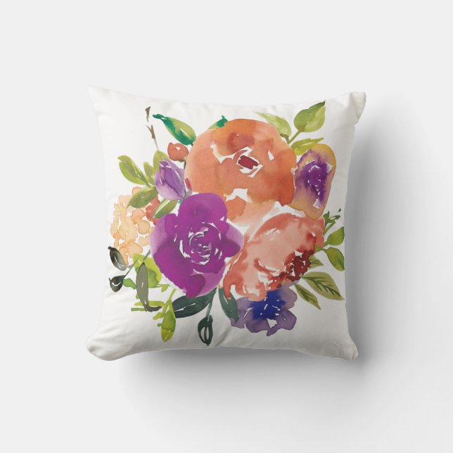 Almofada Flores de aquarela laranja e roxa (Frente)