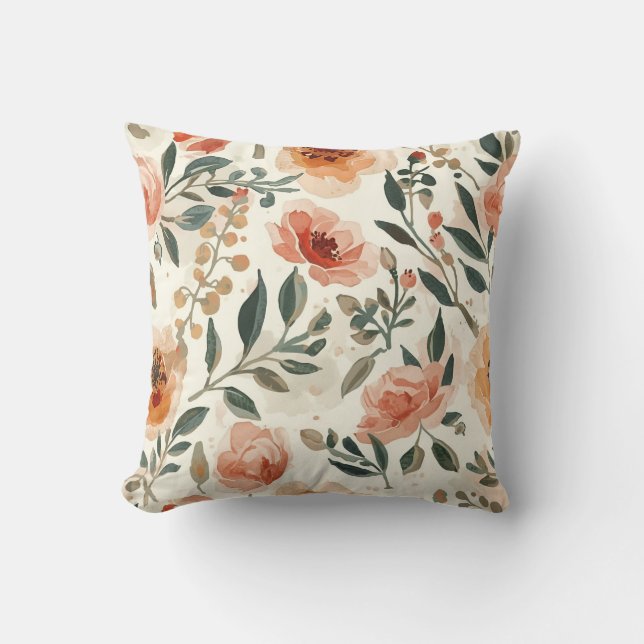 Almofada Flores de Aquarela Laranja Pintura Botânica (Frente)