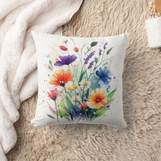Almofada Flores de Aquarela Laranja Roxo Vermelho Azul (Cobertor)