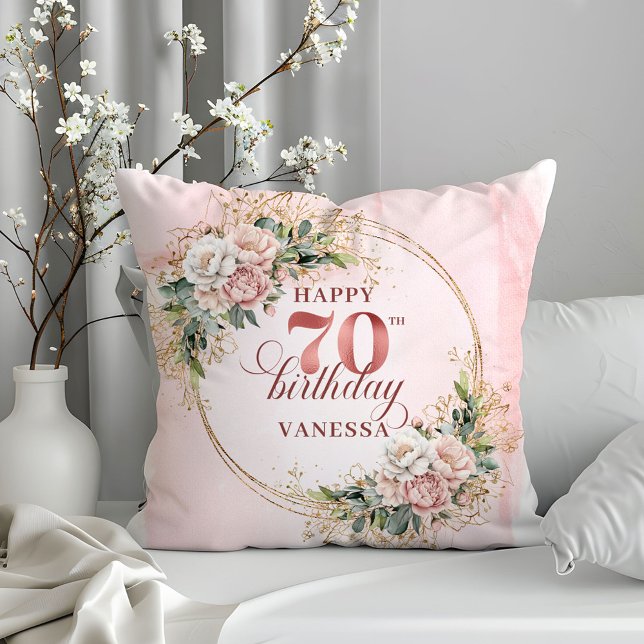 Almofada Flores de Aquarela Rosa Claro no Travesseiro de 70 (Light Pink Watercolor Flowers Pillow 70th Birthday Pillow)