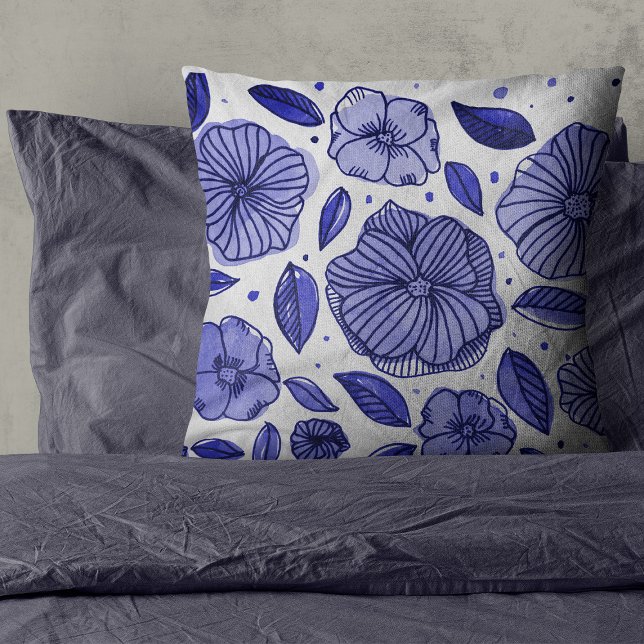 Almofada Flores de aquarelas e de tinta - paleta azul (Criador carregado)
