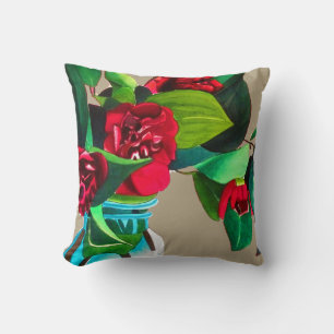 Almofada Flores de camellia vermelhas de arte floridas aqua