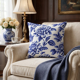 Almofada Flores de Dália Azuis e Brancas Toile de Jouy