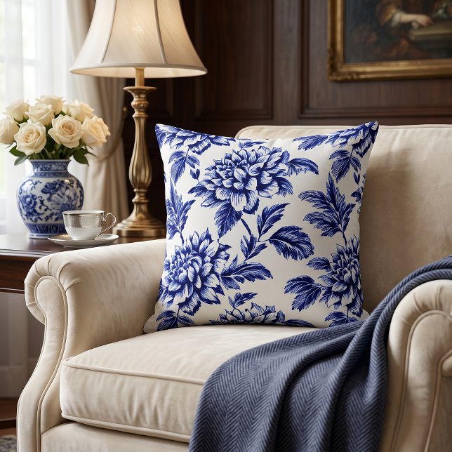 Almofada Flores de Dália Azuis e Brancas Toile de Jouy (Criador carregado)