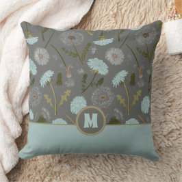 Almofada Flores de Dandelion Monogramas Cinzas Azul
