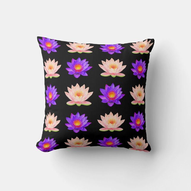 Almofada Flores de Lótus Violeta e Rosa em Preto (Frente)