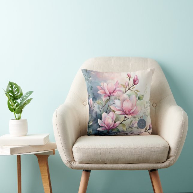Almofada Flores de Magnólia Rosa Botânica Monogramada (Cadeira)