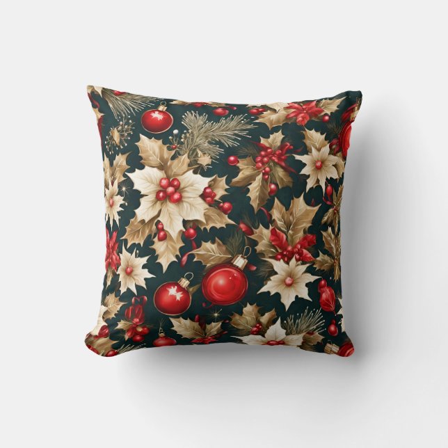 Almofada flores de Natal douradas, bolor vermelho e bagas (Frente)