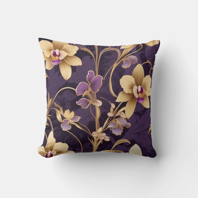 Almofada Flores de Orquídeas Elegantes Ouros em Roxo Real (Frente)