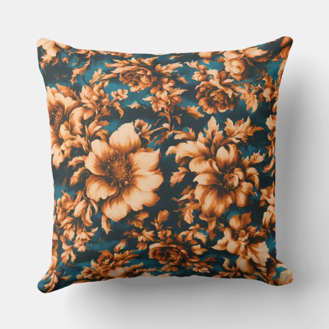 Almofada Flores de Ouro refinadas e luxuosas, folhas em azu (Verso)