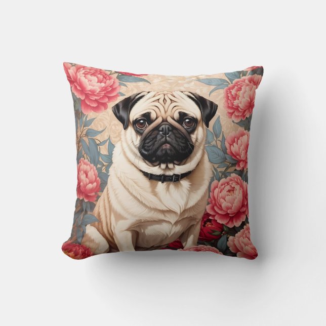 Almofada Flores de Pug e Peony William Morris Inspirado (Frente)