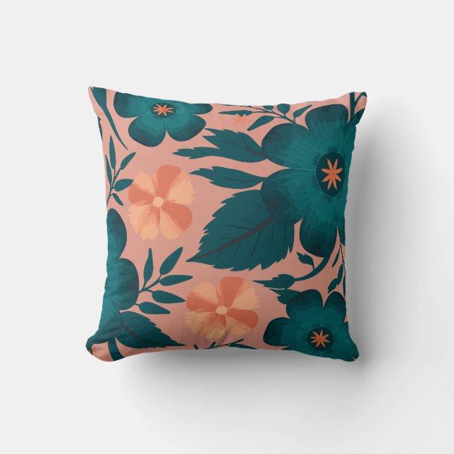 Almofada Flores de Teal e Pêssego em um Fundo Rosa Suave (Frente)