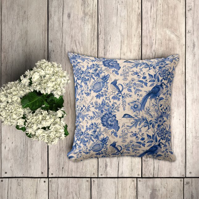 Almofada Flores e faisões do Toile de Jouy Azul (Criador carregado)