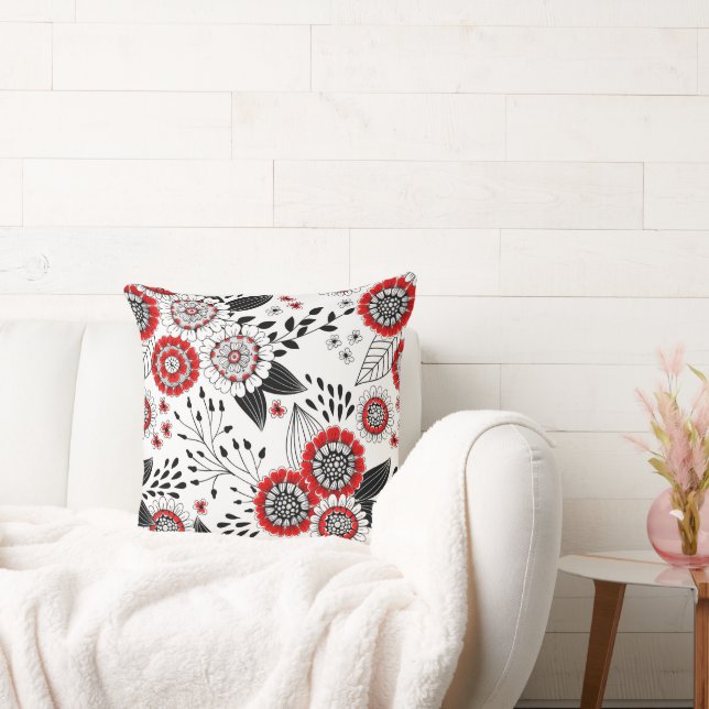 Almofada Flores e folhas de rabo em vermelho e preto (Sofá)