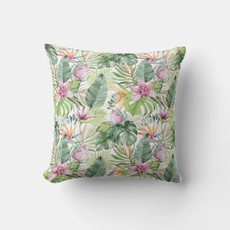 Almofada Flores e Folhas Tropicais de Aquarela