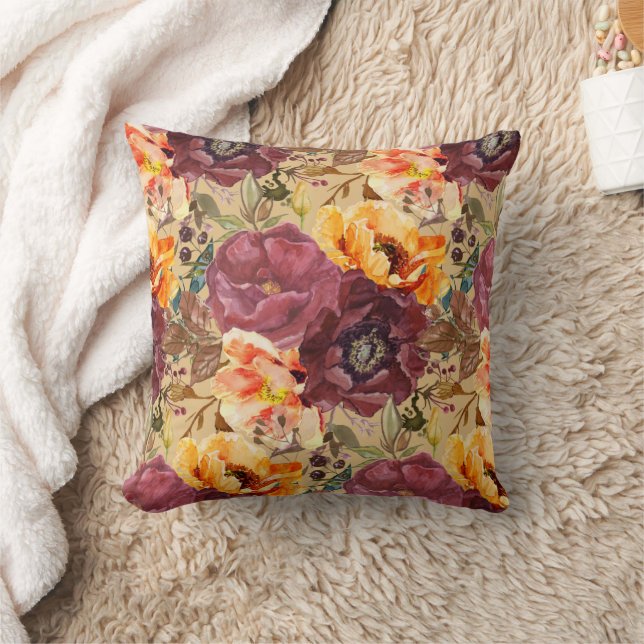 Almofada Flores Elegantes de Outono em Burgundy Laranja  (Cobertor)