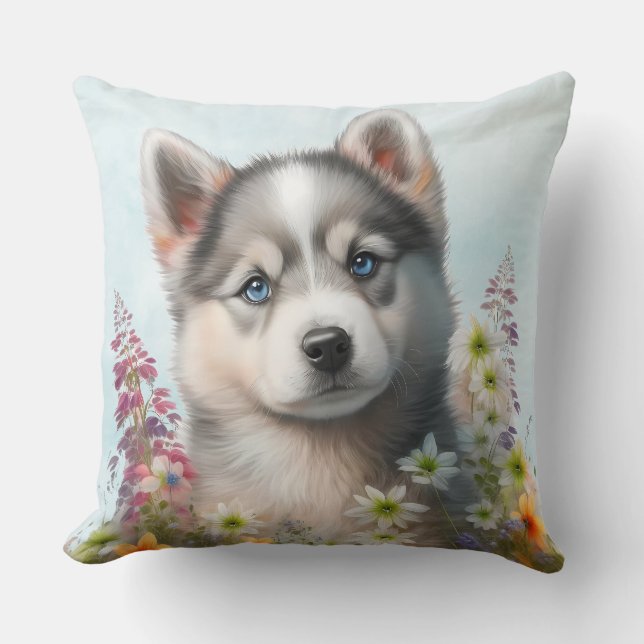 Almofada Flores em Aquarela e Cachorrinho Husky Siberiano (Frente)