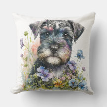 Flores em Aquarela e Cachorrinho Schnauzer