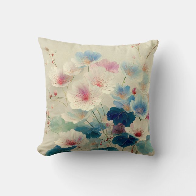 Almofada Flores em Flor - Arte Botânica em Pastel Suave #1 (Frente)