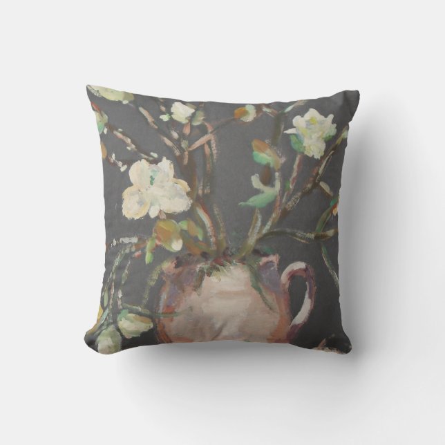 Almofada Flores em pintura de vaso em cinzas escuras (Frente)
