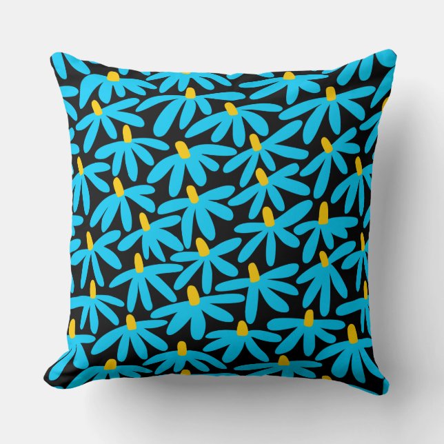 Almofada Flores Estilizadas - Azul-Celeste, Âmbar e Preto (Frente)