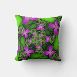 Almofada Flores Fractais Verdes Rosa-Rosa-Abstrato modernas