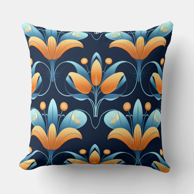Almofada Flores laranja azul Art Deco 1 (Frente)