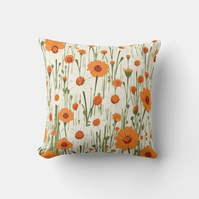 Almofada Flores Laranja e Brancas – Desenho Floral de Creme (Frente)